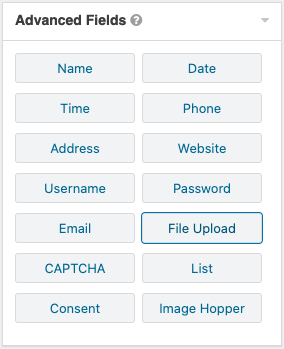 The "Advanced Fields" tab in Gravity Forms with the File Upload field highlighted