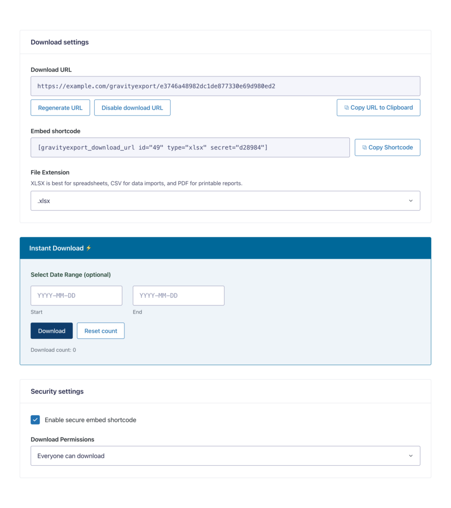 GravityExport's download settings, showing a secure shareable download URL, an embed shortcode, and an Excel/CSV/PDF file format option for sharing Gravity Forms entries without admin access.