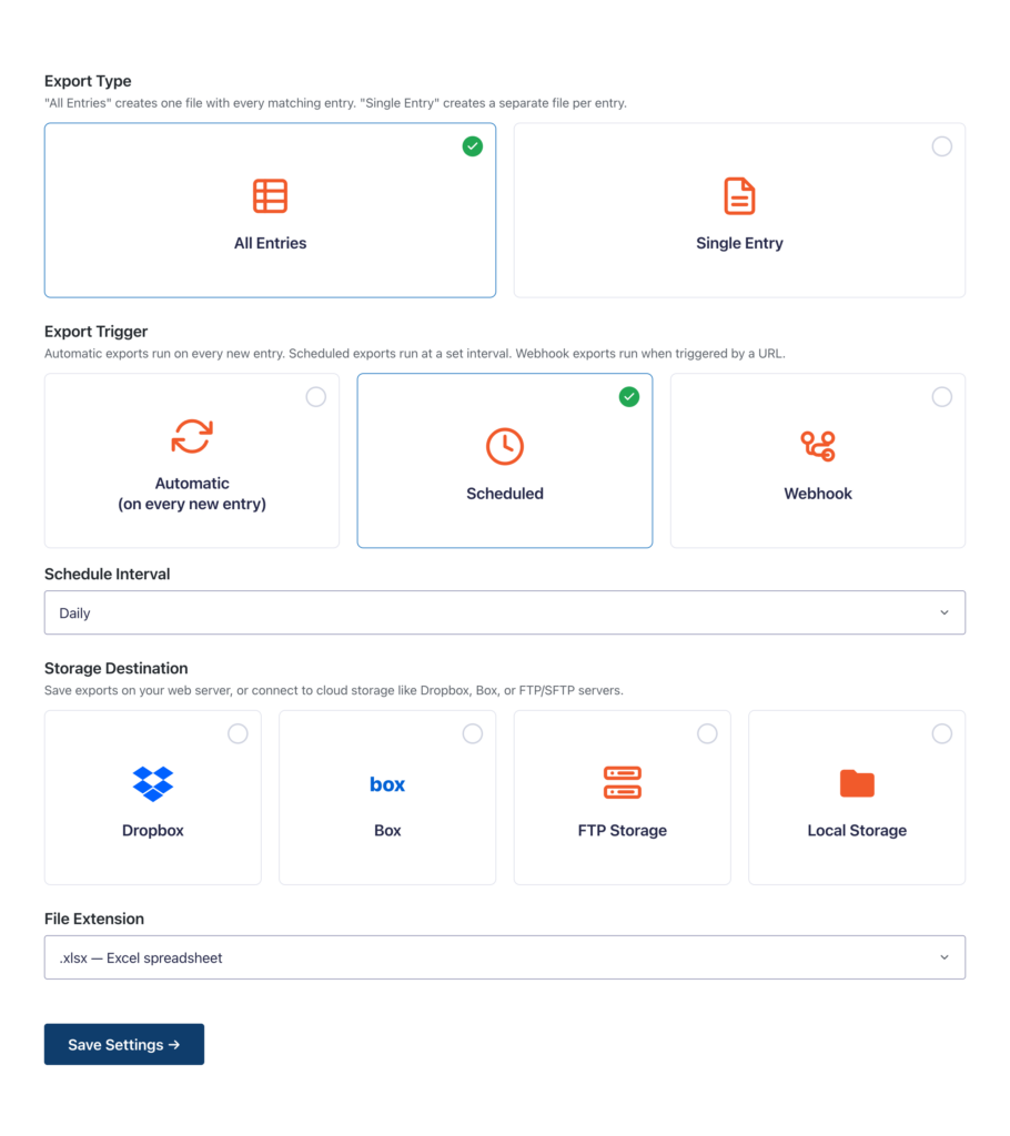 GravityExport's automated export setup, with export type, a scheduled trigger on a daily interval, and storage destinations including Dropbox, Box, FTP, and local storage.