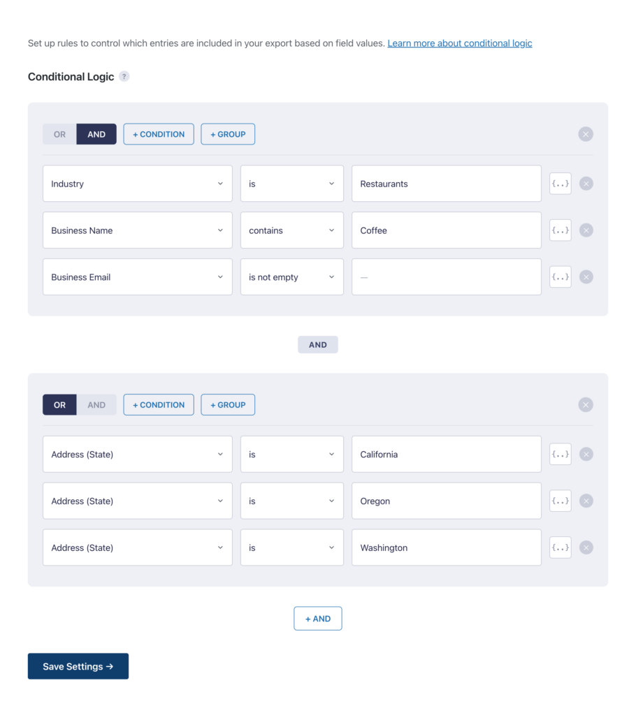GravityExport's conditional filter builder, using grouped AND/OR rules on field values such as industry, business name, and state to include only selected entries in an export.