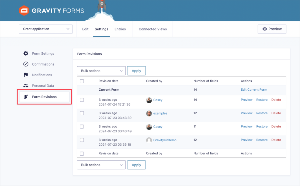 The 'Form Revisions' page in Gravity Forms; here there is a list of form revisions which include the person who created it, and when it was changed.