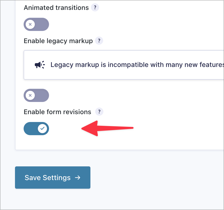 A toggle labeled 'Enable form revisions'