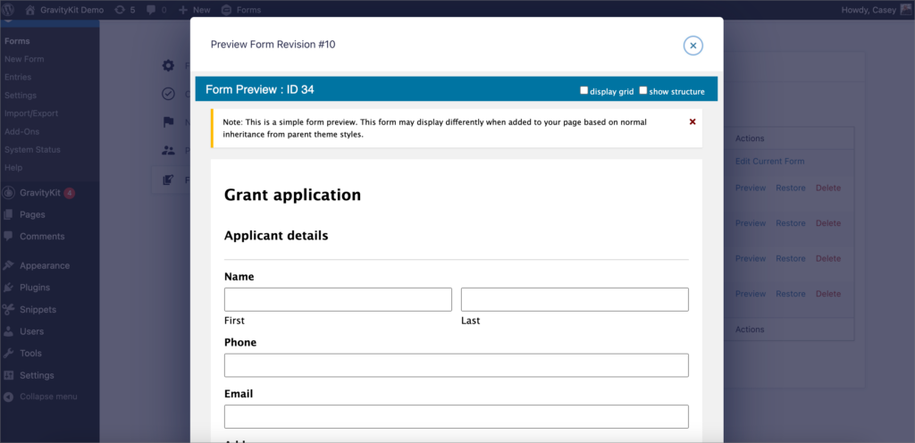A preview of a Gravity Forms inside a popup modal