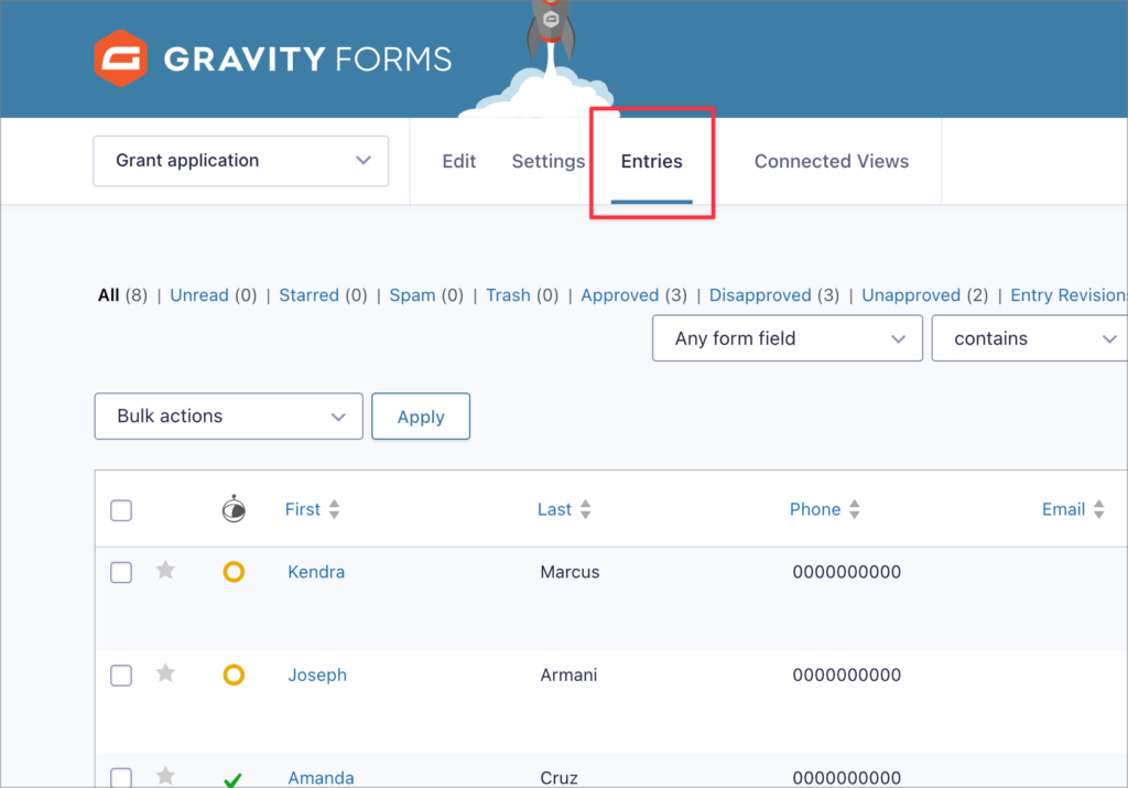 The 'Entries' page for a Gravity Form labeled 'Grant application'.