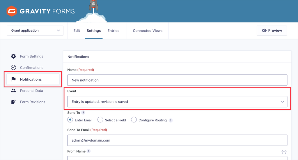 A new Gravity Forms notification. The 'Event' property is set to 'Entry is updated, revisions is saved'