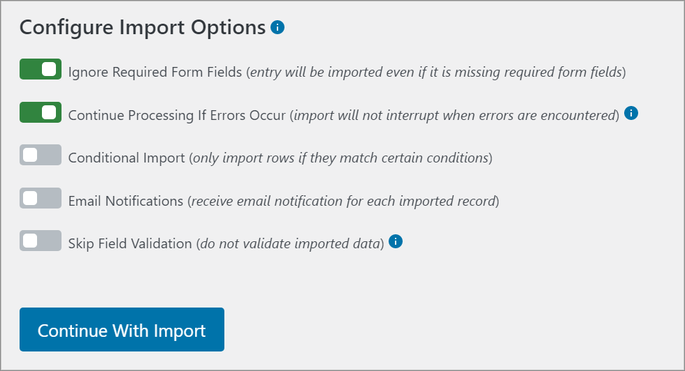 The Import Entries "Configure Import Options" screen