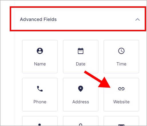 An arrow pointing to the Gravity Forms "Website" field under the Advanced Fields tab.