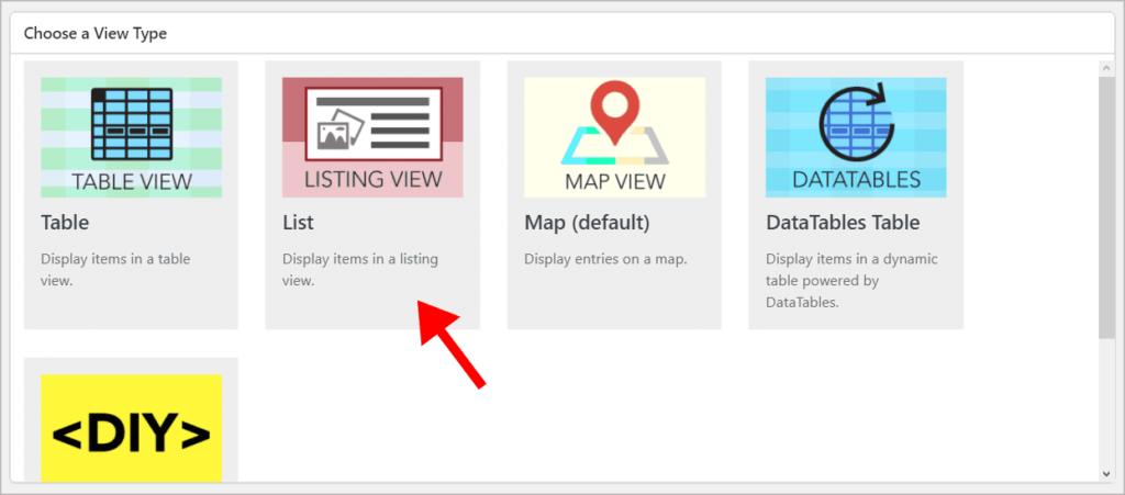 The different GravityView View Layouts with an arrow pointing to the List layout