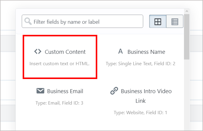 The GravityView Custom Content field