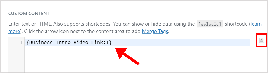 The Business Intro Video Link merge tag inside the Custom Content field text editor