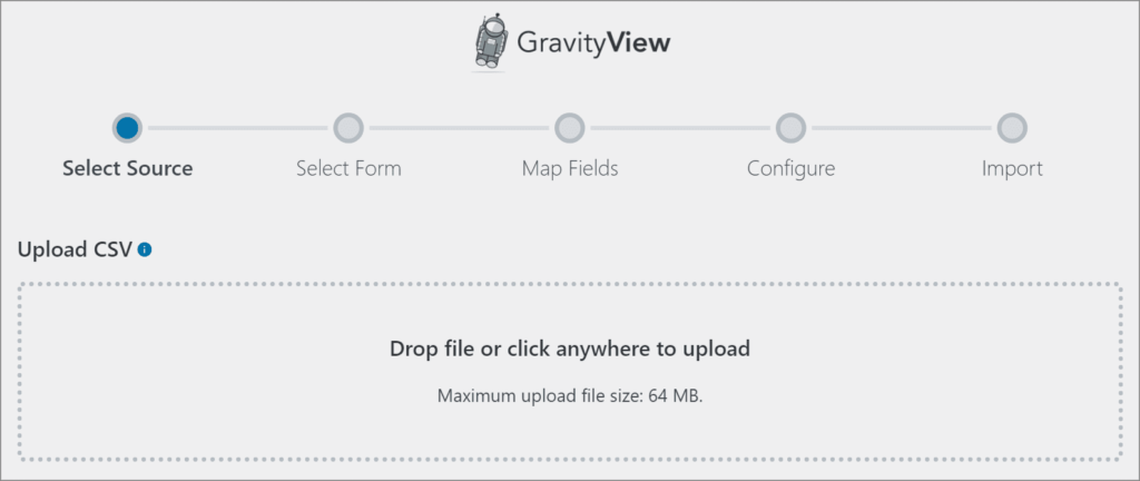 The GravityView Import Entries screen showing the five-step import process