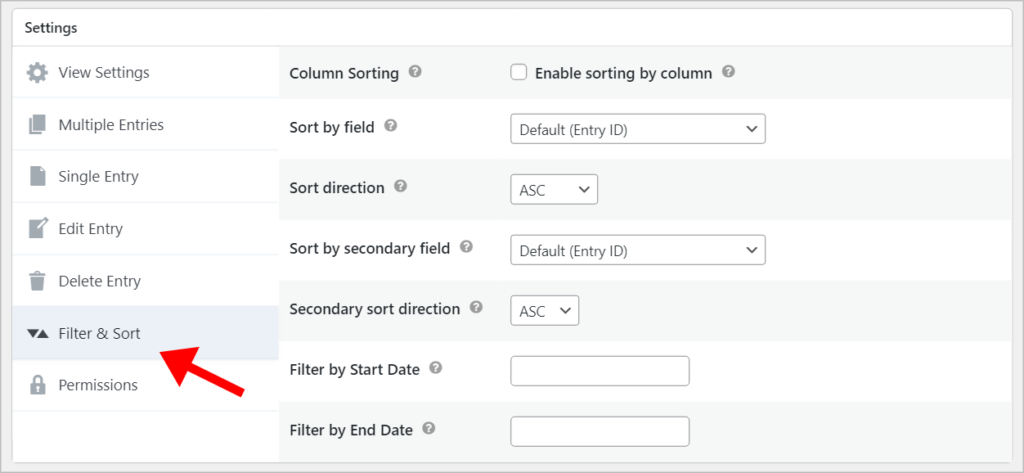 The "Filter & Sort" tab on the GravityView Settings meta box 