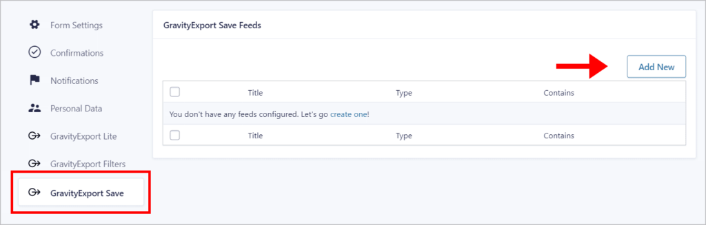 An arrow pointing to the 'Add New' button on the GravityExport Save feed page