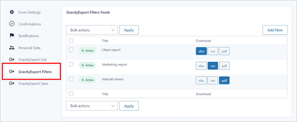 The GravityExport Filters page