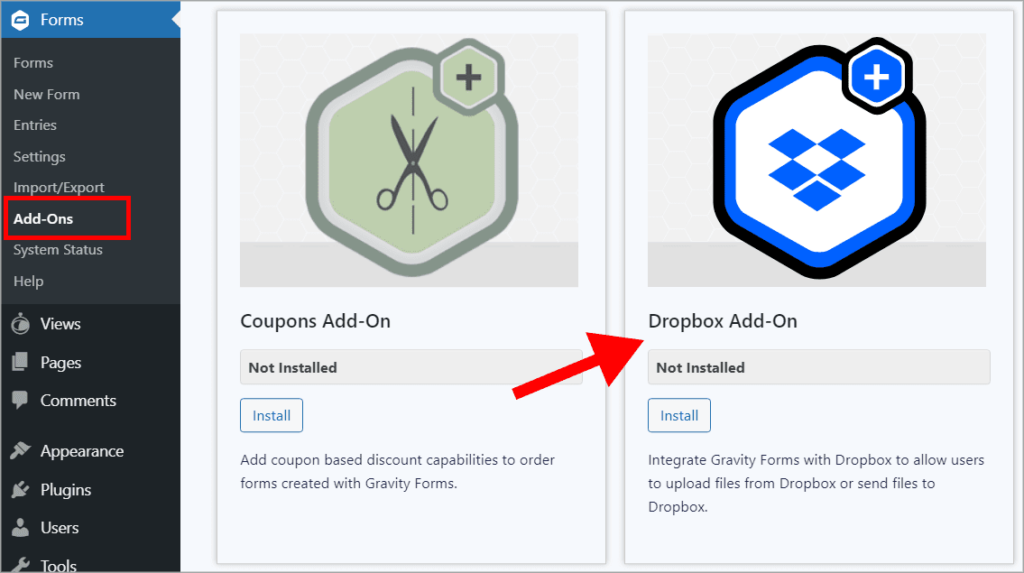 An arrow pointing to the Gravity Forms Dropbox add-on on the Gravity Forms Add-Ons page