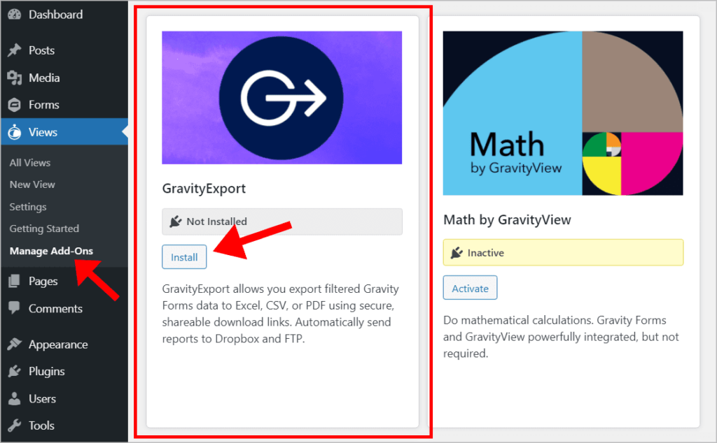 An arrow pointing to the 'install' button on the GravityExport plugin preview inside the GravityView Manage Add-Ons page