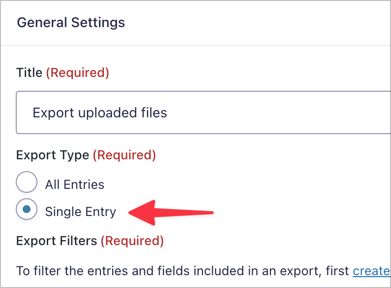 General settings for GravityExport plugin to configure single entry export for uploaded files.