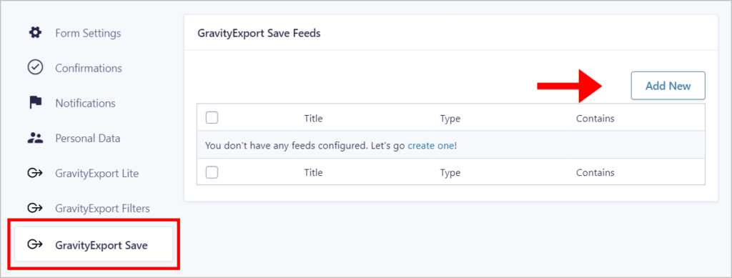 An arrow pointing to the 'Add New' button on the GravityExport Save feed page