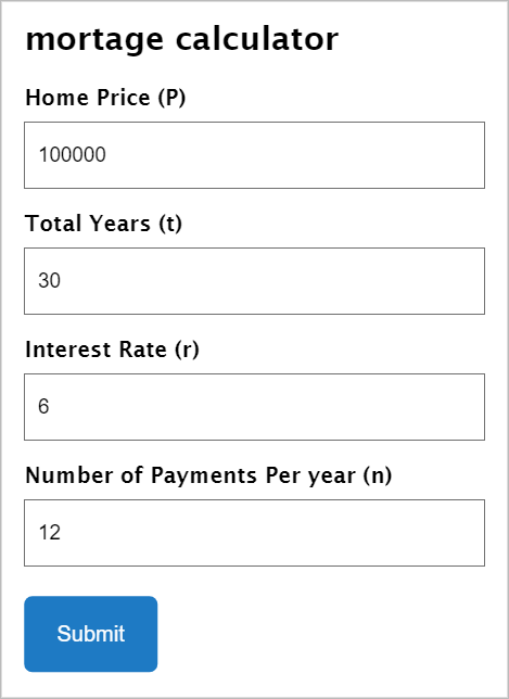 A form on the front end with four fields: the home price, total years, interest rate and number of payments per year