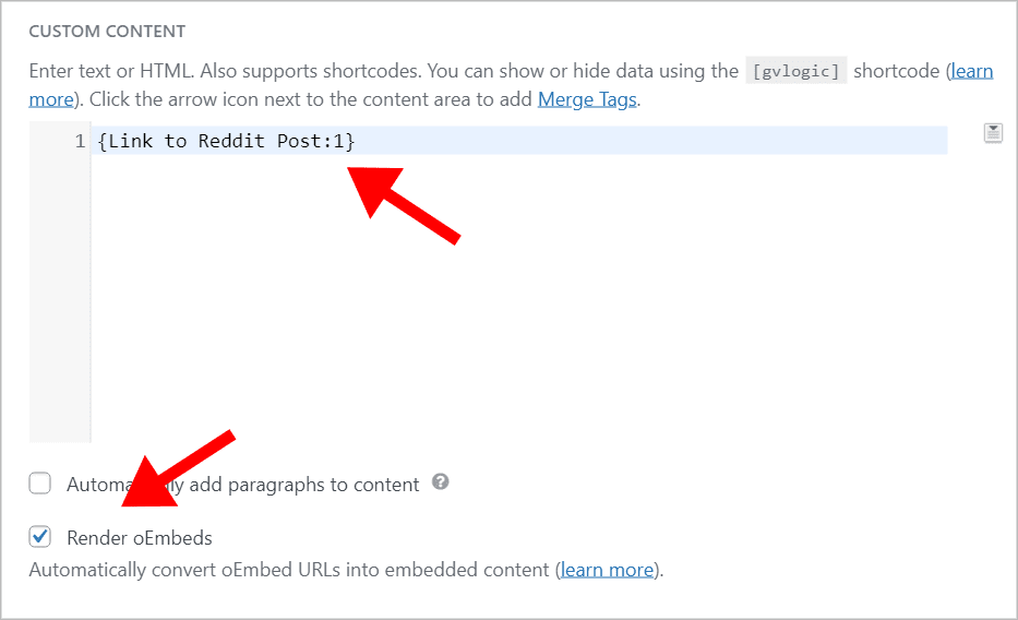 GravityView Custom Content field settings