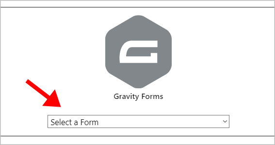 An arrow pointing to the 'Select a Form' dropdown menu on the Gravity Forms block