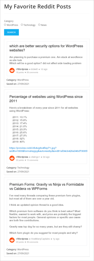 A GravityView View showing Reddit posts on the front end