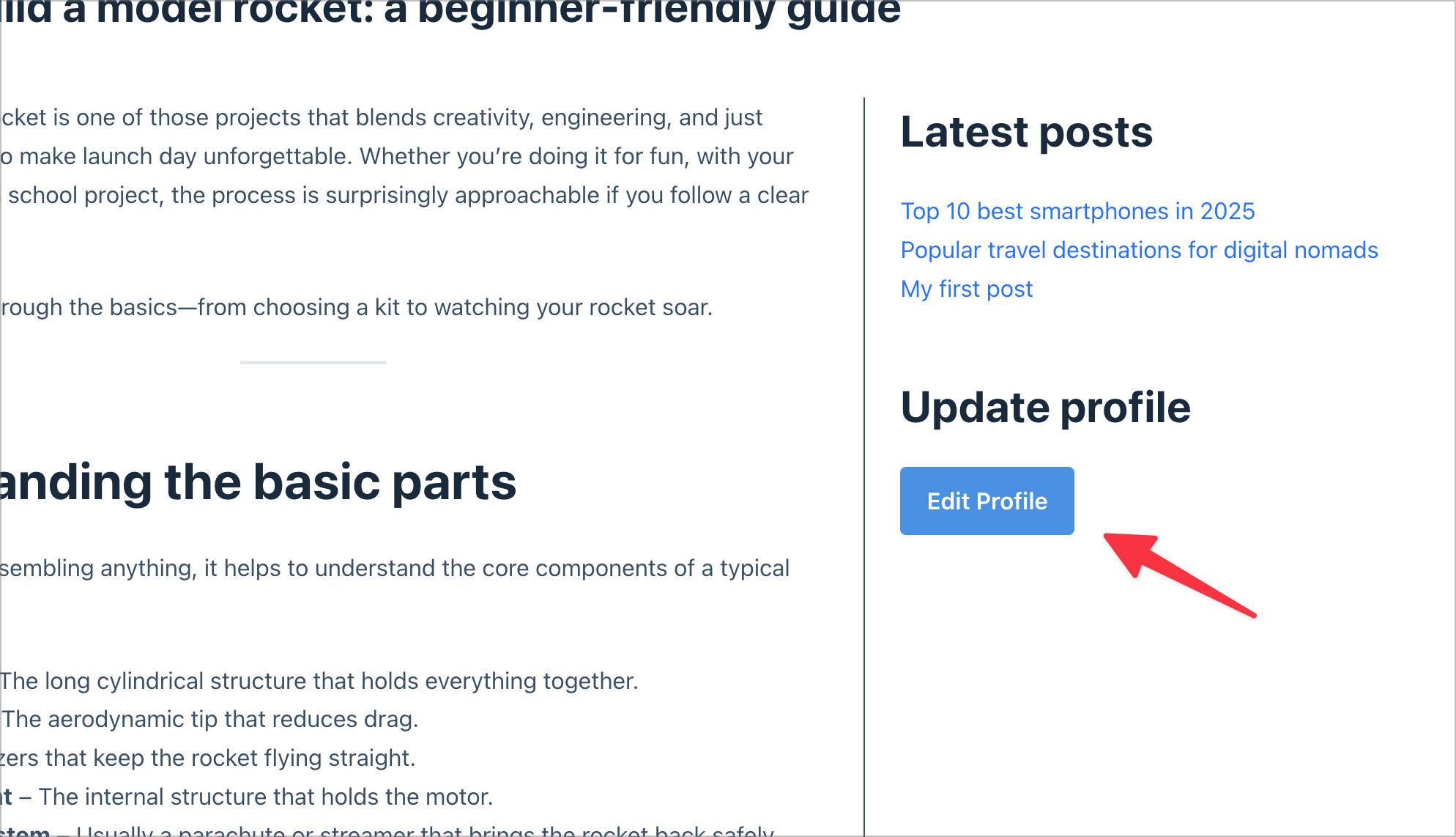 A sidebar section displaying an 'Edit Profile' button styled as a blue button, inviting users to update their profile information.