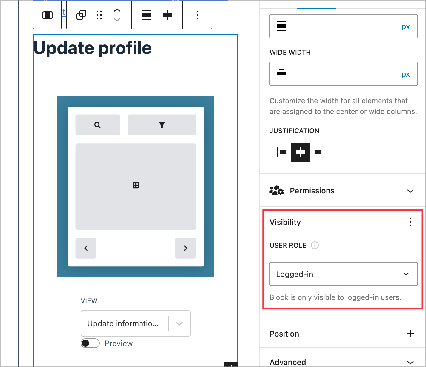 Screenshot of a WordPress block editor displaying the 'Update profile' interface, featuring options for visibility settings that restrict access to logged-in users.