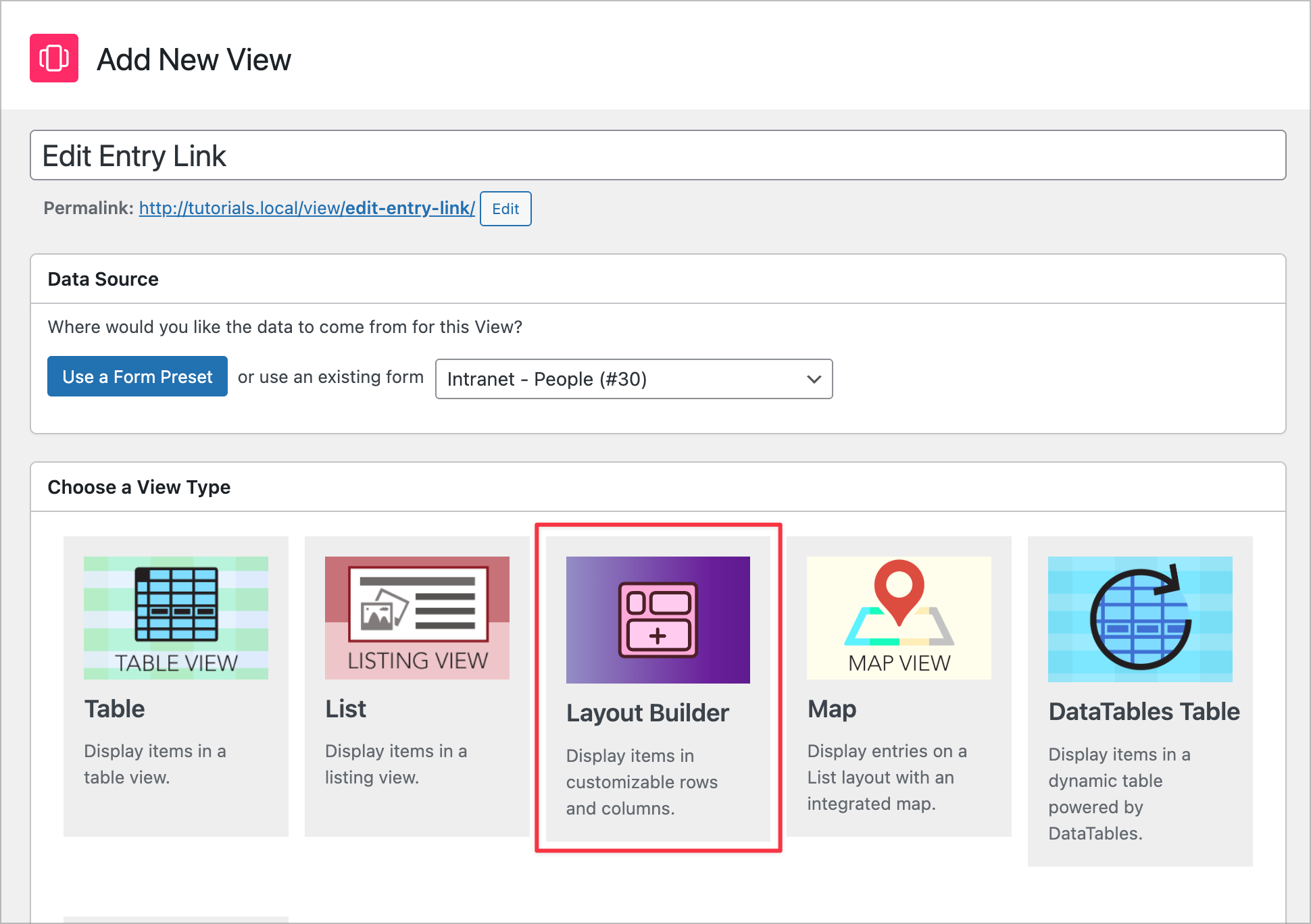 Screenshot of the 'Add New View' interface in GravityView, showing options for Data Source selection and View Type choices, including 'Layout Builder'.