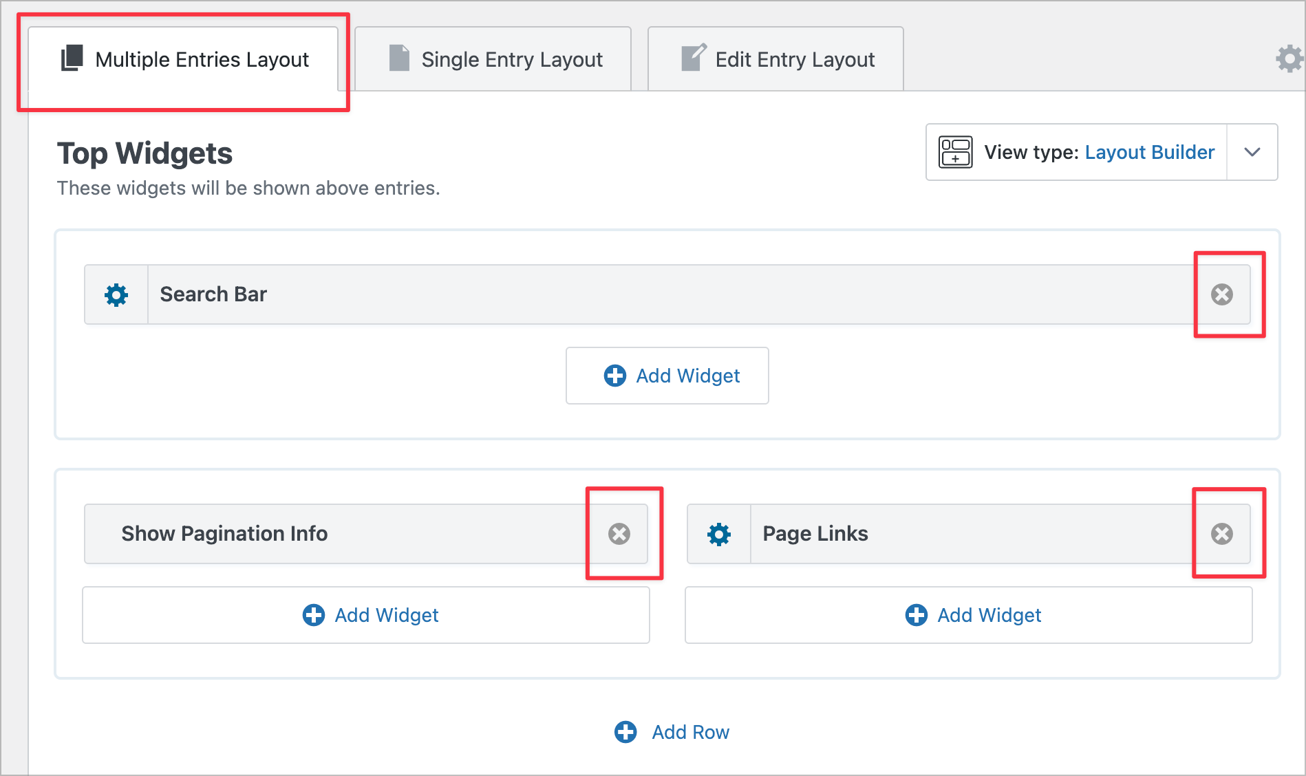 Screenshot of the GravityView settings interface showing layout options for multiple entries, single entry, and edit entry layouts, with widgets for search bar and pagination info.
