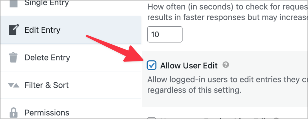 Screenshot of GravityView settings, highlighting the 'Allow User Edit' option for enabling logged-in users to edit their entries.