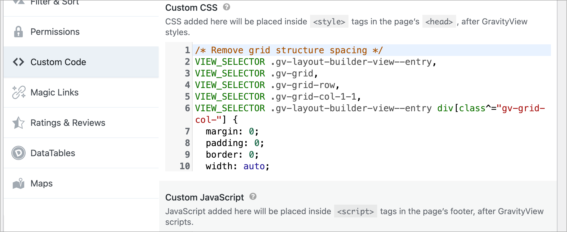 Custom CSS code for removing grid structure spacing in GravityView settings.