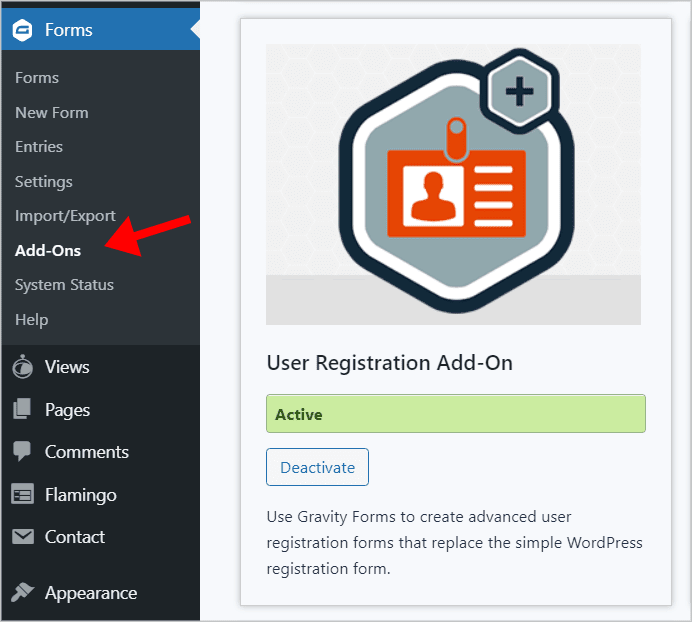 The User Registration Add-On on the Gravity Forms Add-Onn page in WordPress