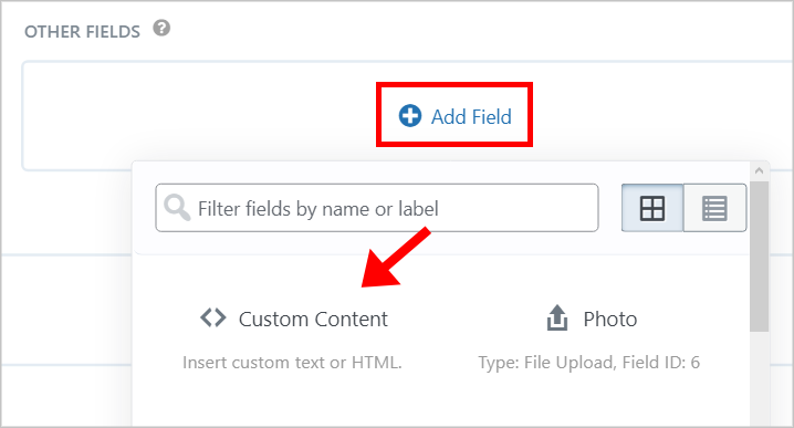 An arrow pointing to the GravityView Custom Content field