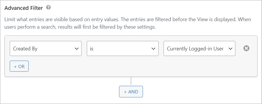 The Advanced Filter showing the following condition: Create By is Currently Logged-in User