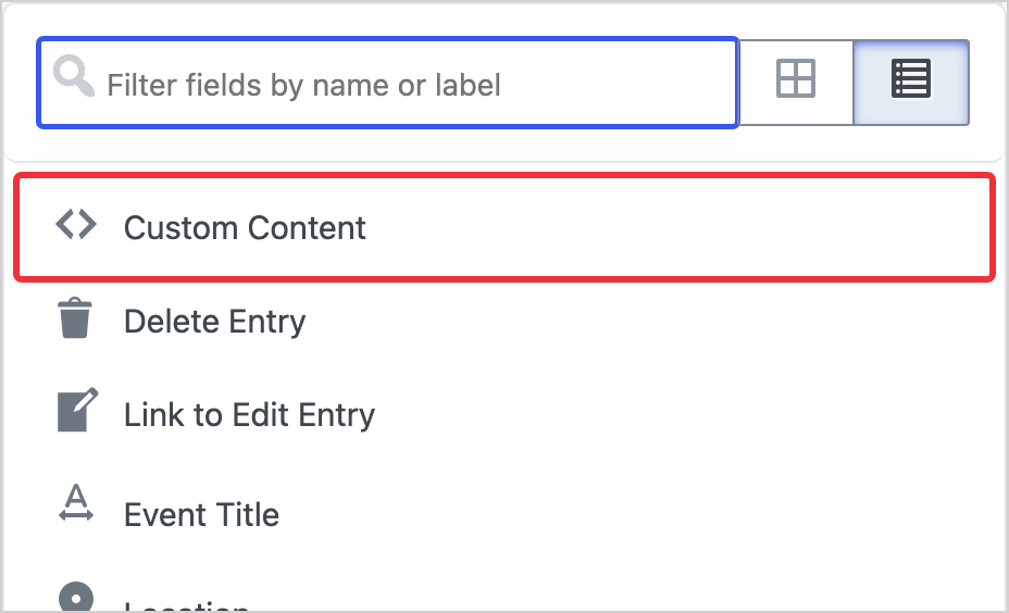 The GravityView field picker with Custom Content highlighted