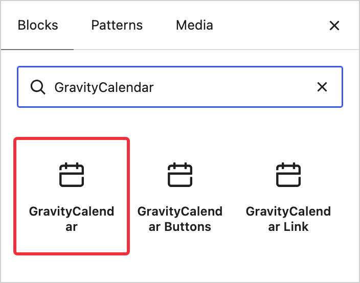 The WordPress block inserter searched for GravityCalendar, with the GravityCalendar block highlighted