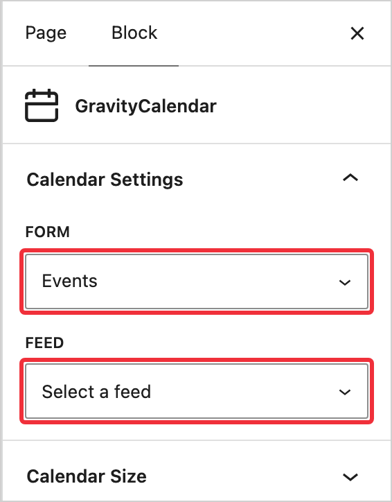 GravityCalendar block settings with the Form and Feed dropdowns highlighted