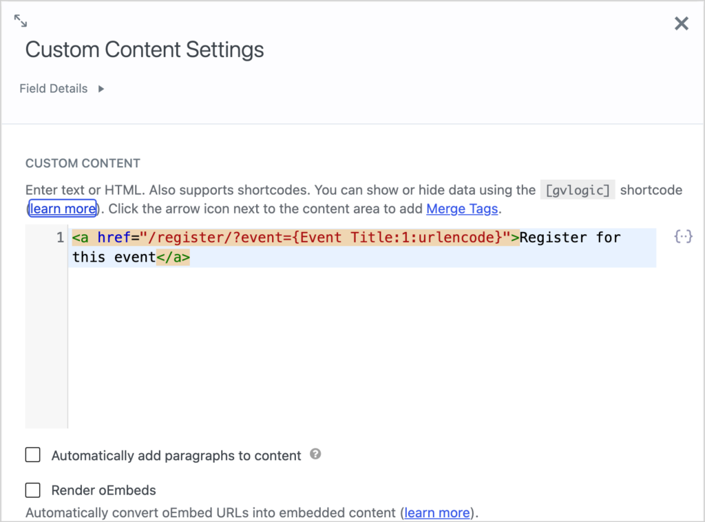 Custom Content settings in GravityView containing a Register for this event link