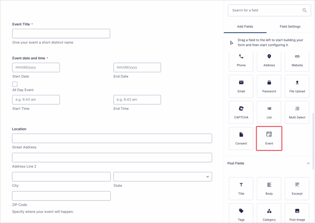 The Gravity Forms form editor showing the Events form, with the Event field button highlighted under Advanced Fields