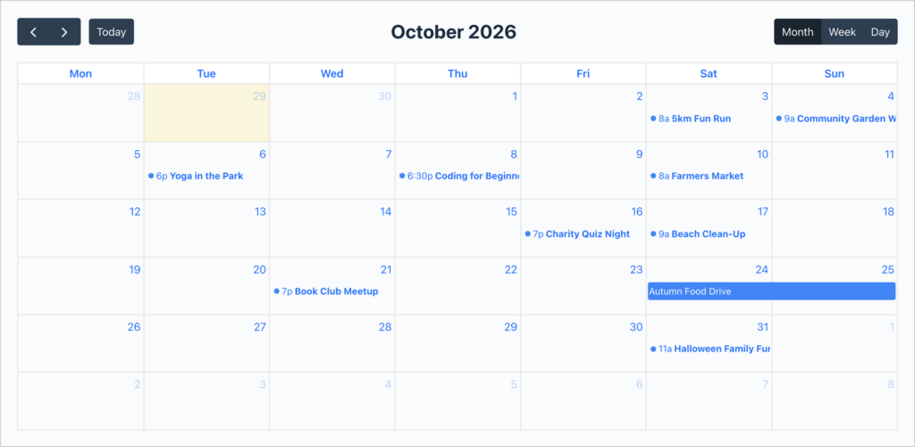 A GravityCalendar month view for October 2026 showing community events, including a 5km Fun Run, a Charity Quiz Night and a two-day Autumn Food Drive