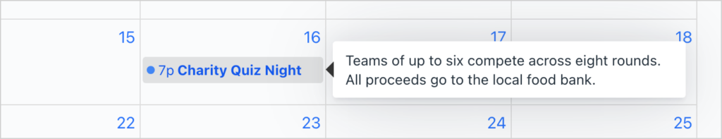 Hovering over the Charity Quiz Night event on the calendar shows its description