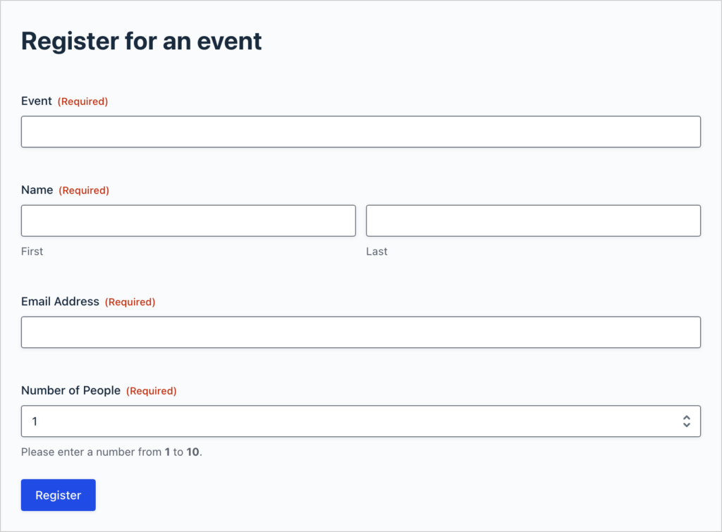 An empty Gravity Forms event registration form with Event, Name, Email Address and Number of People fields