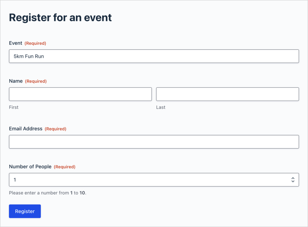 A Gravity Forms event registration form with the Event field prefilled with 5km Fun Run
