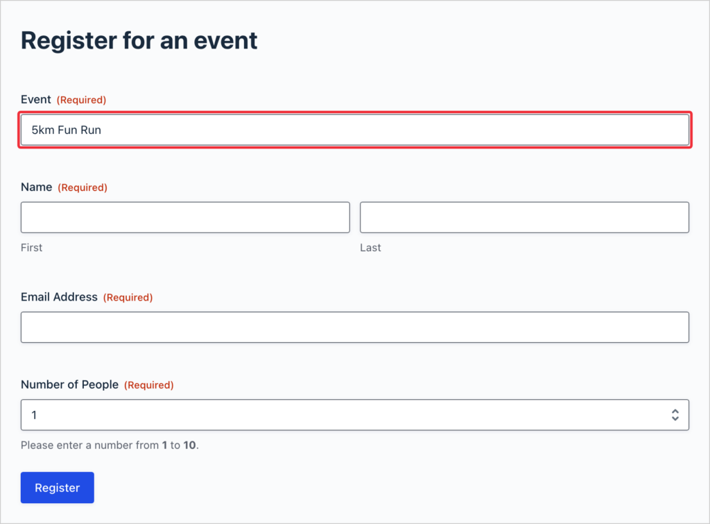 The event registration form with the Event field prefilled with 5km Fun Run and highlighted