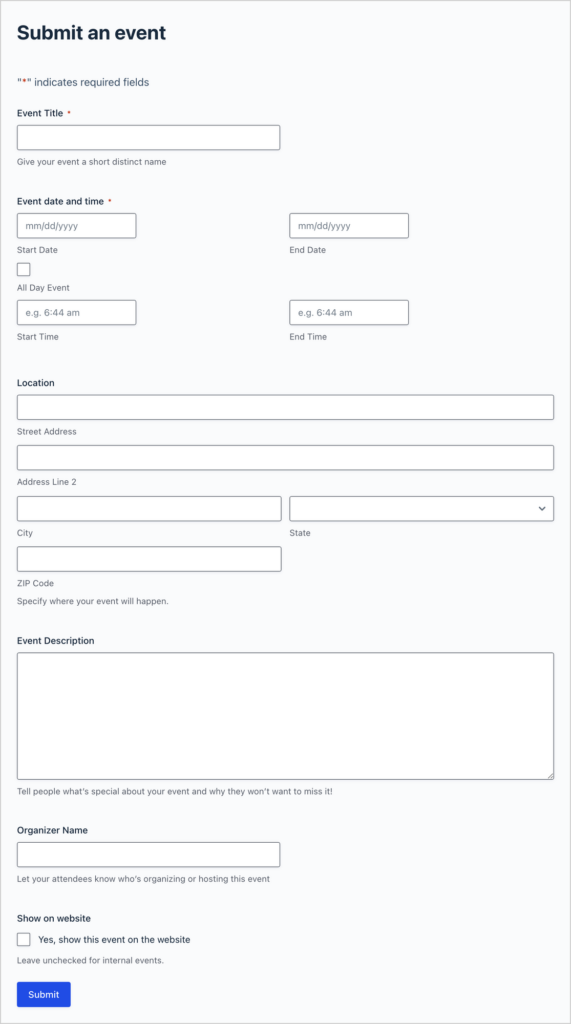 The Submit an event form on the front end, with fields for the event title, event date and time, location, description, organizer name and a Show on website checkbox