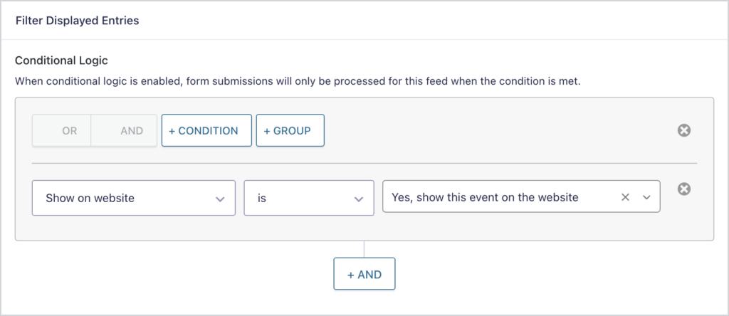 A GravityCalendar conditional logic rule that shows events only when Show on website is checked