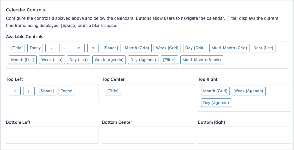 GravityCalendar Calendar Controls, with navigation buttons, the title and layout buttons arranged above the calendar
