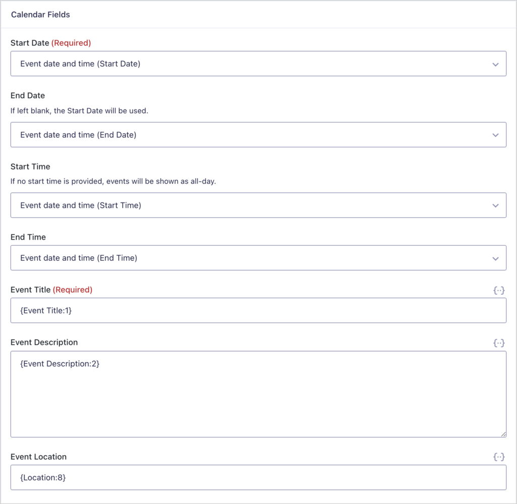 GravityCalendar Calendar Fields settings with the Event field's start and end dates and times mapped, and merge tags for the event title, description and location