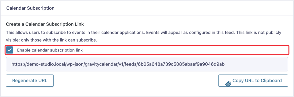 The Calendar Subscription setting with Enable calendar subscription link checked and the feed URL shown